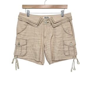 Monoreno Women Cargo Shorts Tan Linen Blend Size Med Equestrian Detailed Stitch